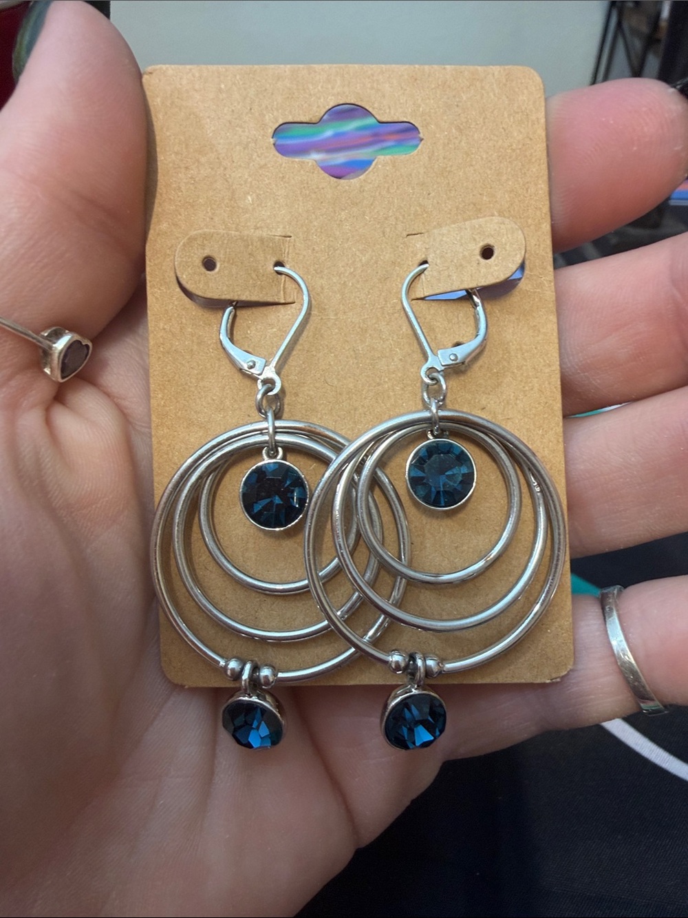 Silver-Tone Multi-Hoop Earrings with Deep Blue Crystal Accents